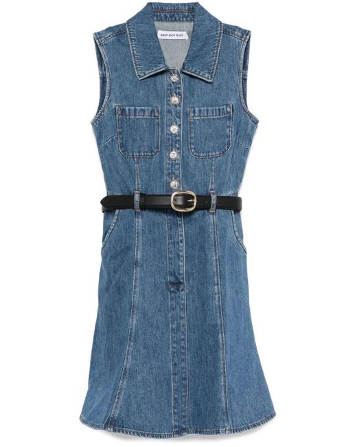 Self-Portrait Blue Denim Sleeveless Pearl Mini Dress