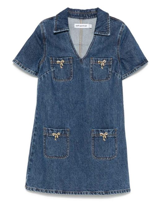 ワンピース Self-Portrait Denim Crystal Bow Mini Dress Denim Crystal Bow Mini Dress – self-portrait