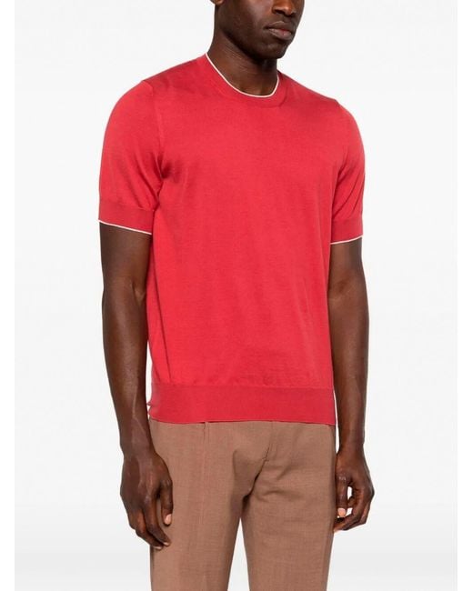Brunello Cucinelli Red Cotton Lightweight Knit T-Shirt With Contrast Details for men