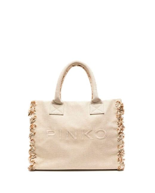Pinko Natural Beach Shopper In Salt-and-pepper Recycled Canvas