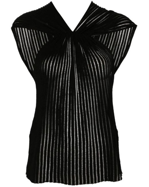 Saint Laurent Black Ruched Ribbed-knit Cotton Top