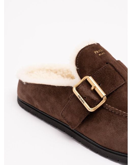 Prada Brown Suede And Shearling Mules