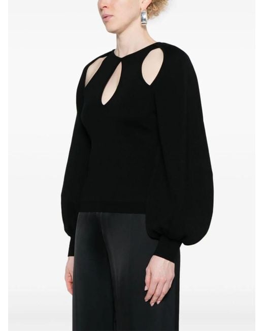 【Chloe】BLACK CUT-OUT LINEN×COTTON KNIT Chloé Cut-Out Top in Black | Lyst