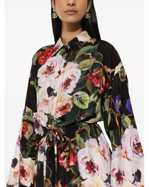 Dolce & Gabbana Black Rose-Print Silk Shirtdress