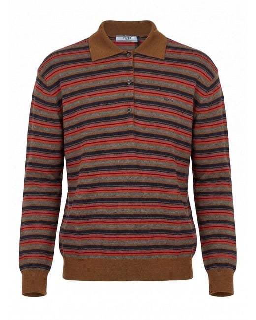 Prada Brown Striped Polo-Neck Sweater