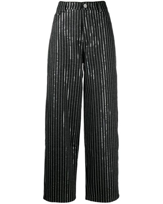 ROTATE BIRGER CHRISTENSEN Black Sequinned Striped Wide-leg Trousers
