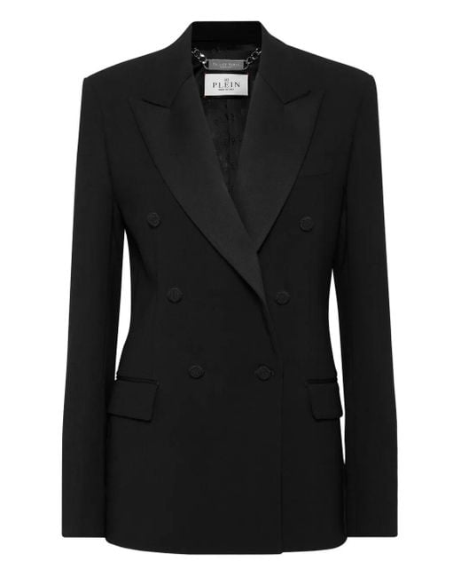 Philipp Plein Black Crepe And Satin Double-Breasted Blazer 'Dame'