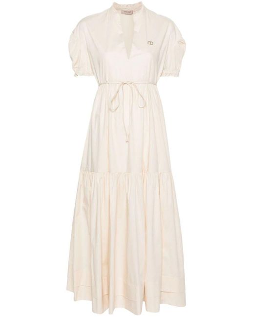 Twin Set Natural `oval T` Flounce Long Dress With Belt