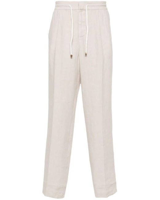 Brunello Cucinelli White Pleat Detailing Linen Trousers for men
