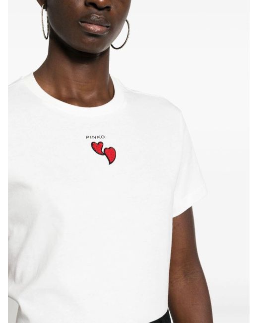 Pinko White Logo-print Heart-motif Bead-embellished T-shirt