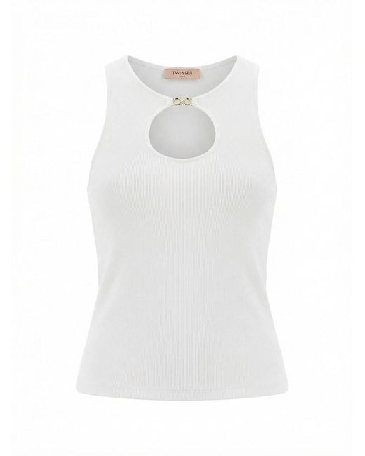 Twinset White Ribbed Tank Top With 'Infinity' Logo