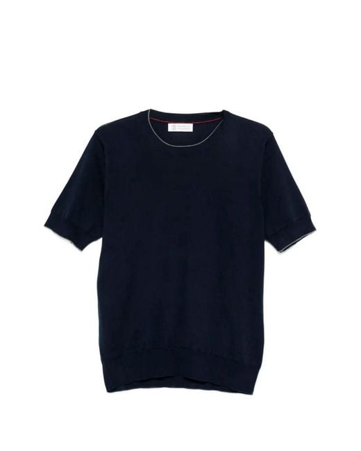 Brunello Cucinelli Blue Cotton Lightweight Knit T-Shirt With Contrast Details for men
