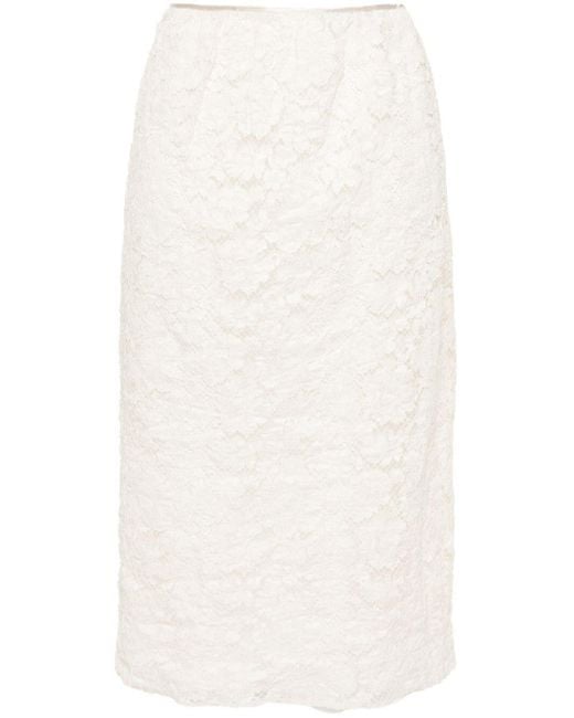 Prada White Floral-lace Midi Skirt