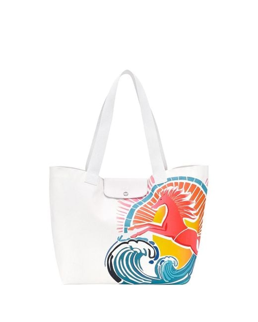 Longchamp White 'Le Pliage Surf' Large Tote Bag