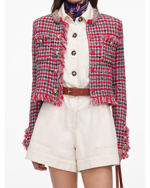 Self-Portrait Red Check Frayed Knit Jacket