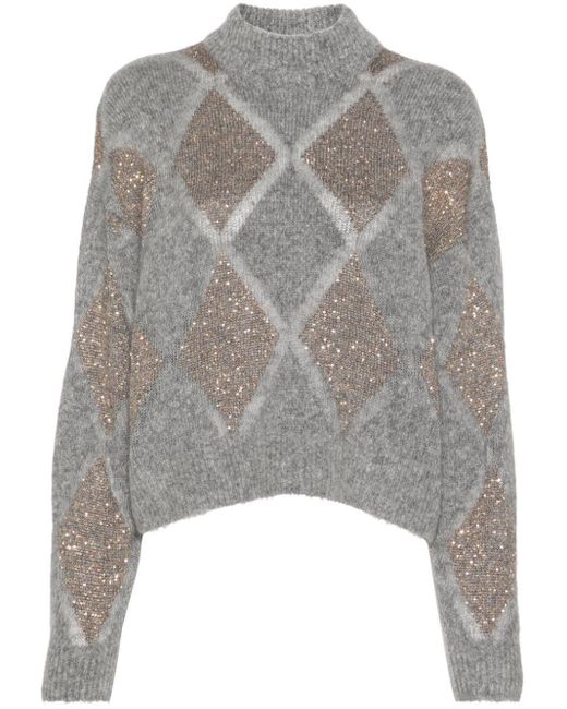 Brunello Cucinelli Gray Argyle-Check Sweater