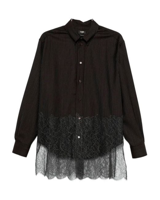 Fendi Black Wool Shirt With Stripes And Lace for men