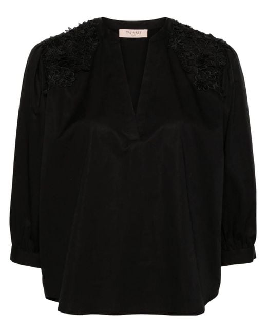 Twin Set Black V-Neck Blouse With `3D Flowers` Embroidery
