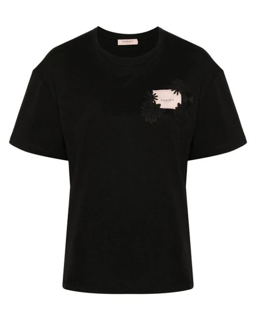 Twin Set Black `Oval T Floreal` Embroidery T-Shirt
