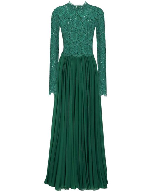 Dolce & Gabbana Green Long Chiffon And Lace Dress