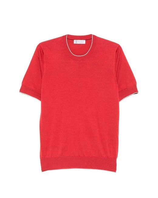 Brunello Cucinelli Red Cotton Lightweight Knit T-Shirt With Contrast Details for men