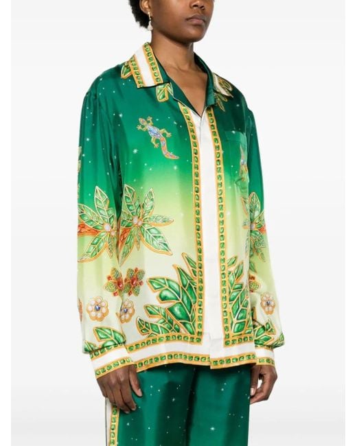 Casablancabrand Green Cuban-Collar Long Sleeve Shirt
