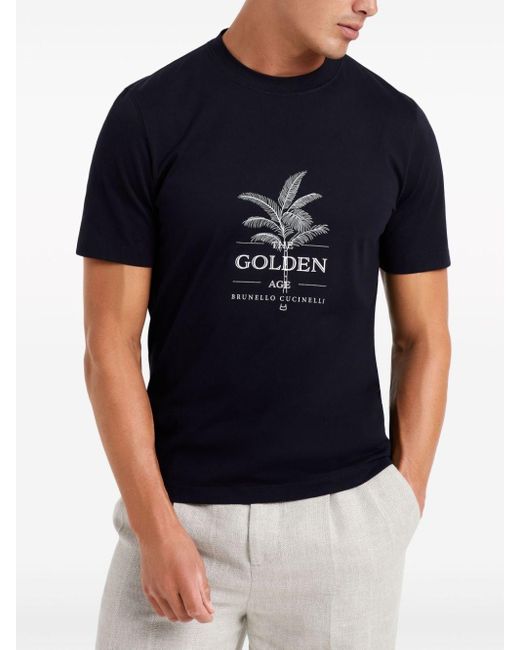 Brunello Cucinelli Blue Cotton Graphic T-shirt for men