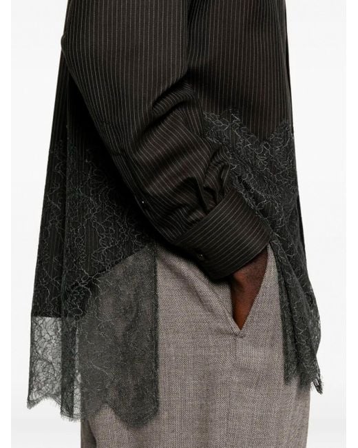 Fendi Black Wool Shirt With Stripes And Lace for men