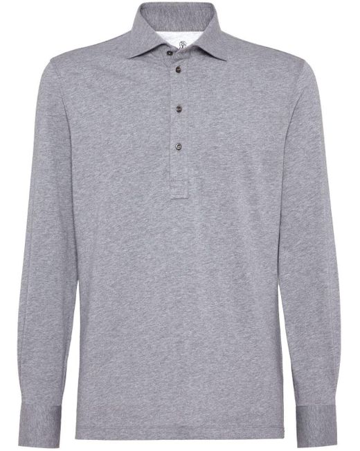 Brunello Cucinelli Blue Long Sleeve Polo With Shirt-Style Collar for men