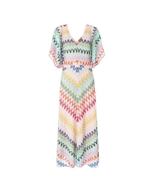 Missoni White Maxi V-Neck Chevron-Pattern Dress