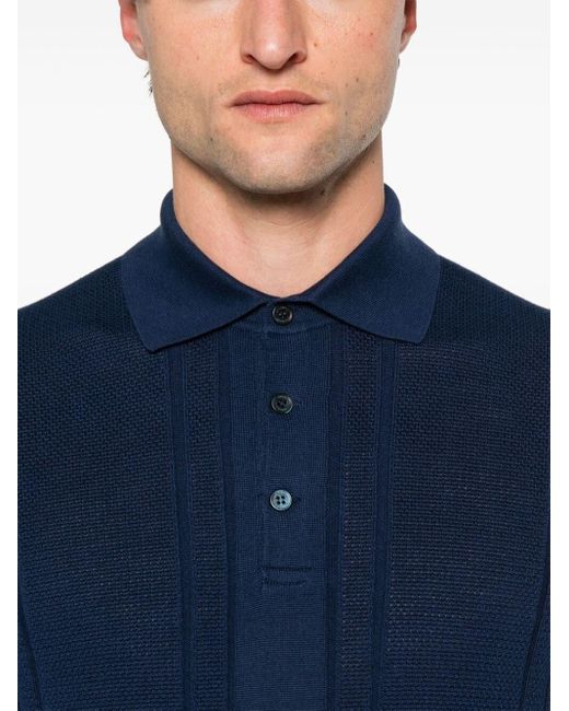 Brunello Cucinelli Blue Textured Rib Knit Polo Sweater for men