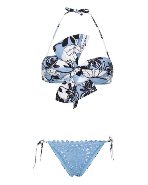 Twin Set Blue Exotic Print And Crochet Details Bikini