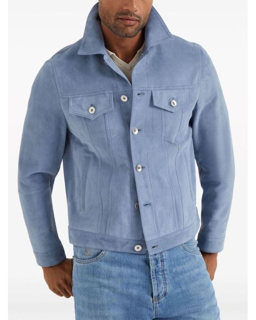 Brunello Cucinelli Blue Leather Four-Pocket Jacket for men