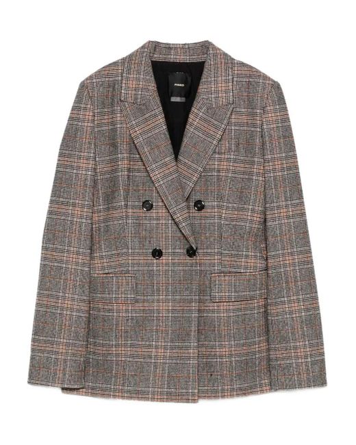 Pinko Gray Double-Breasted Tailored Jacket With Plaid Pattern