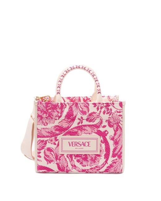 Versace Pink Small Tote Rafia 'Barocco' And Calf Leather