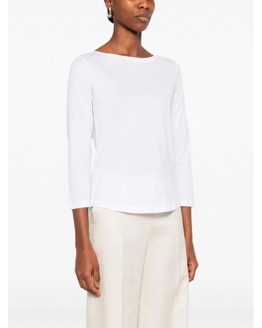 Purotatto White Boat-Neck 3/4 Sleeves Blouse