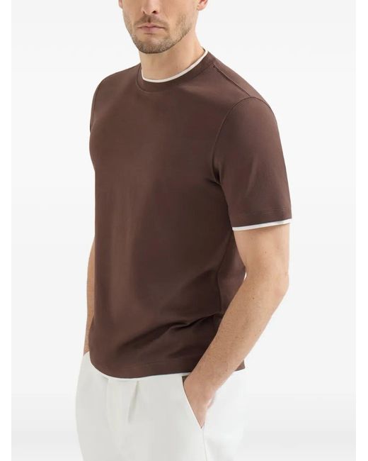 Brunello Cucinelli Brown Cotton Jersey Crew Neck T-Shirt With Faux-Layering for men