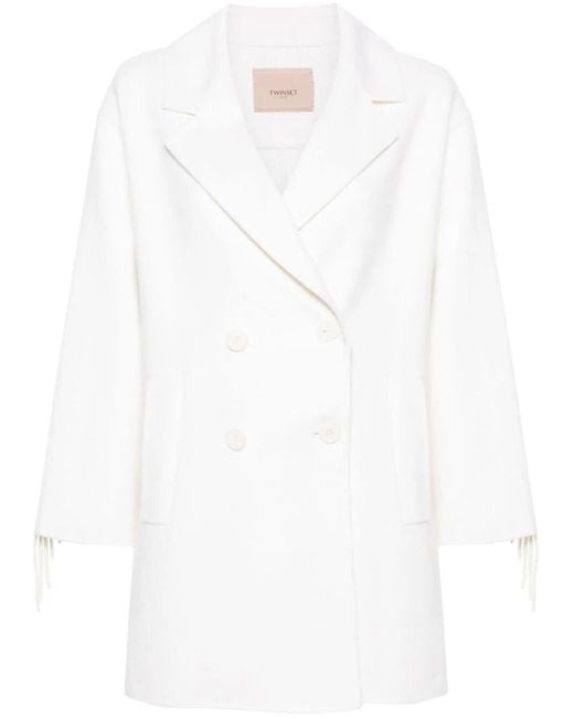 Twin Set White Short Coat With Fringes