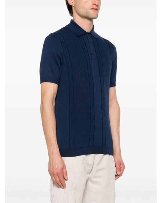 Brunello Cucinelli Blue Textured Rib Knit Polo Sweater for men