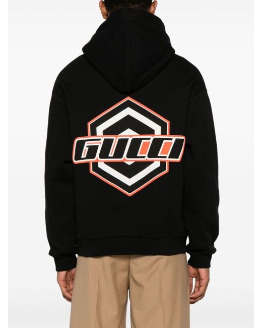 Gucci Logo-embroidered Cotton Hoodie in Black for Men | Lyst