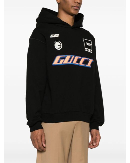 Gucci Black Logo-embroidered Cotton Hoodie for men