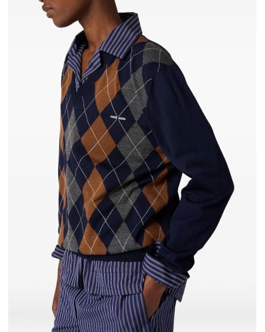 Miu Miu Blue Argyle V-Neck