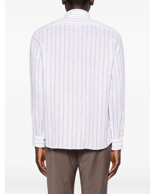 Brunello Cucinelli White Stripe Linen Easy Fit Shirt With Spread Collar for men