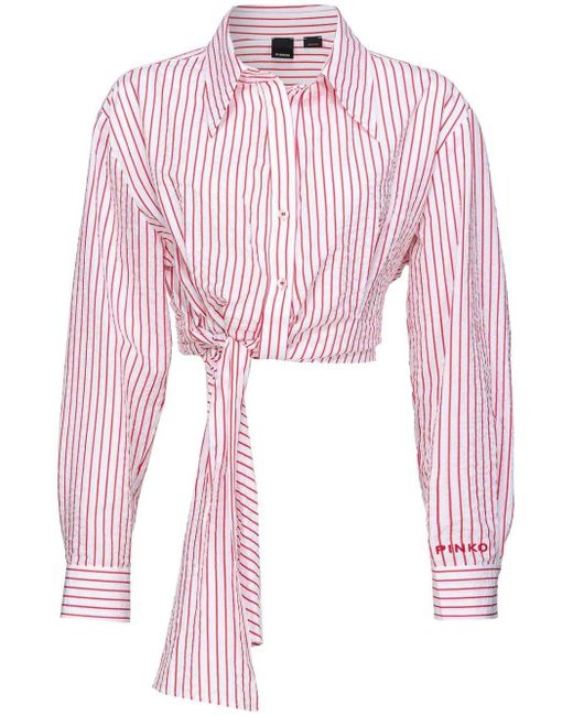 Pinko Pink Logo-embroidered Striped Crop Shirt