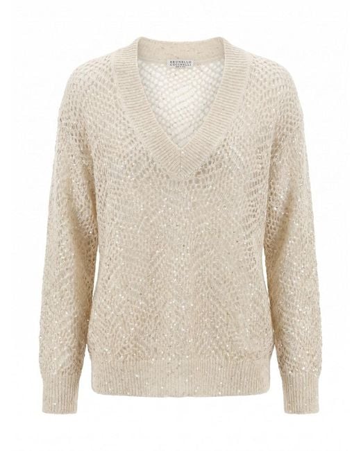 Brunello Cucinelli White V Neck Sweater