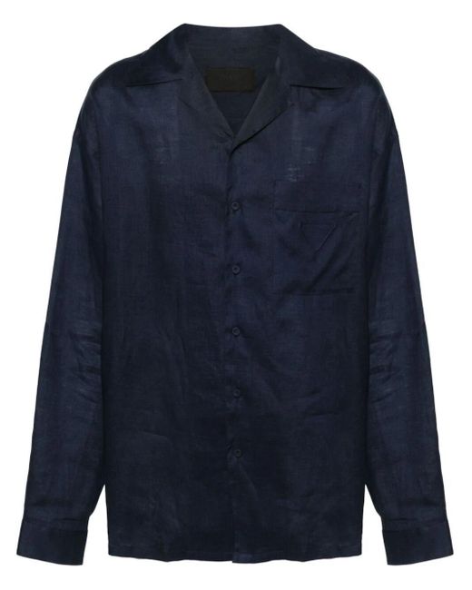Prada Blue Notched-collar Linen Shirt for men