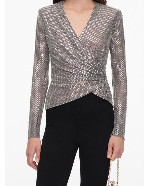 Self-Portrait Gray Rhinestone Mesh Wrap Top