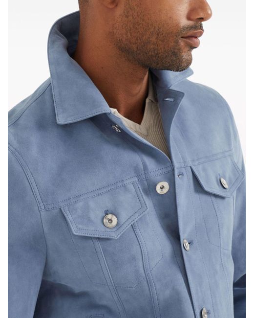 Brunello Cucinelli Blue Leather Four-Pocket Jacket for men