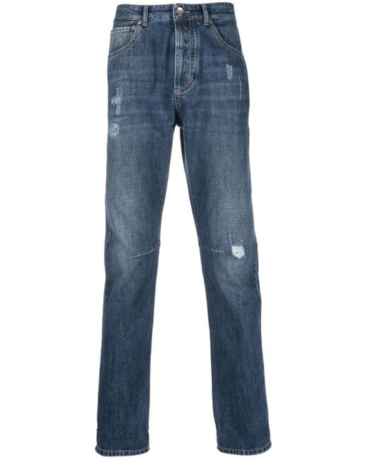 Brunello Cucinelli Blue Low-rise Slim-fit Ripped Jeans for men