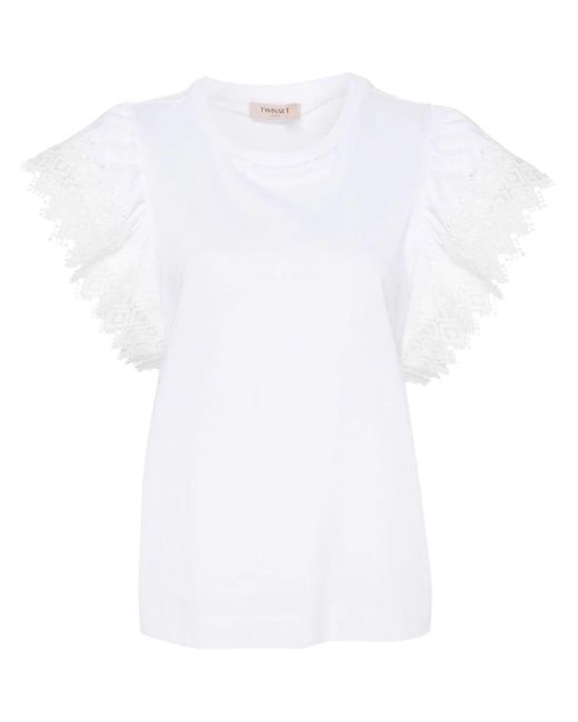 Twin Set White Embroidered Sleeves T-Shirt